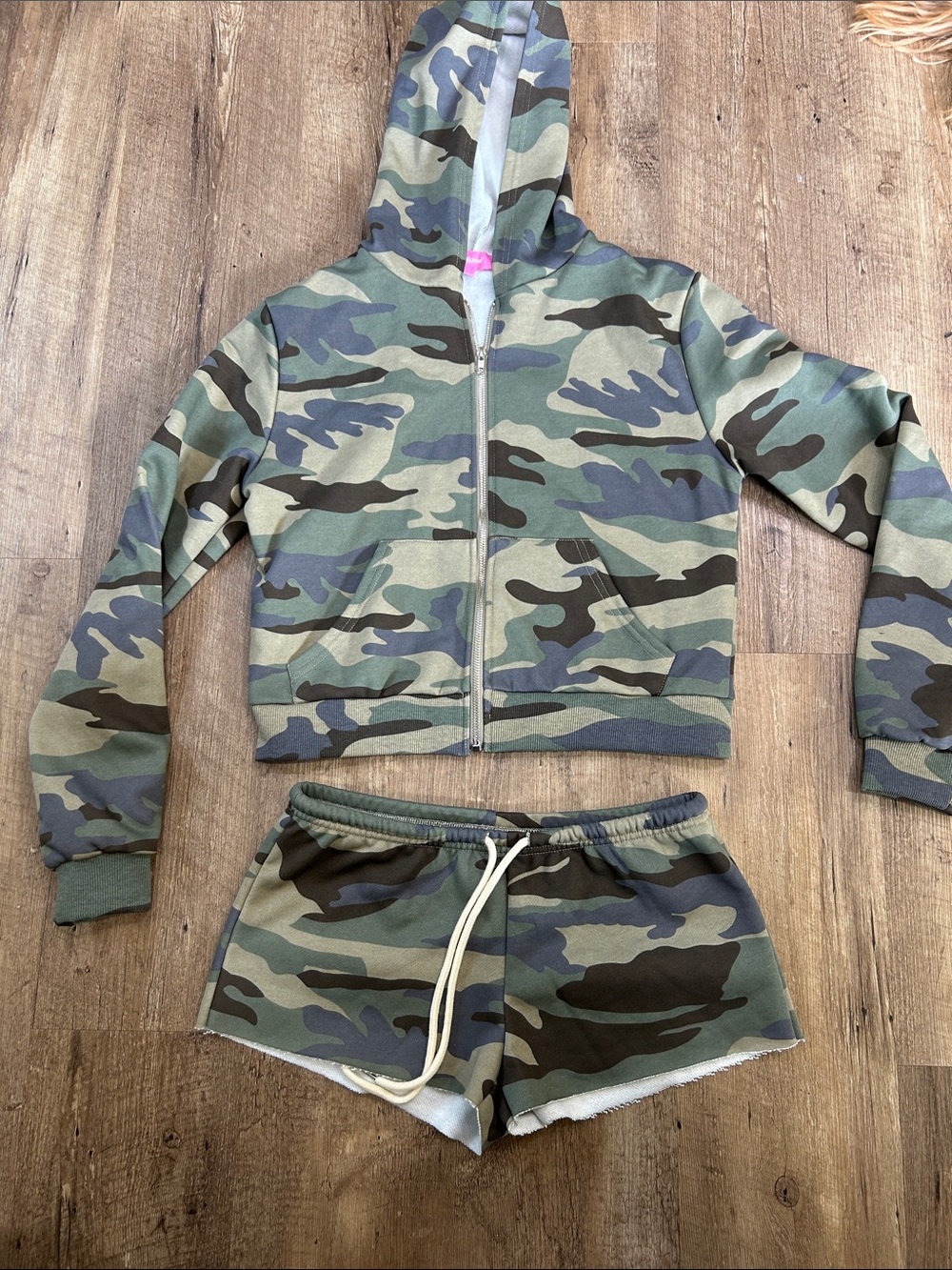 Edikted Green Camo Zip Hoodie with micro shorts